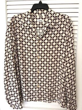 Sandro Logo Geometric Print Camp Shirt Brown Cream